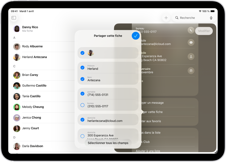 La fenêtre « Partager le contact » dans l’app Contacts.