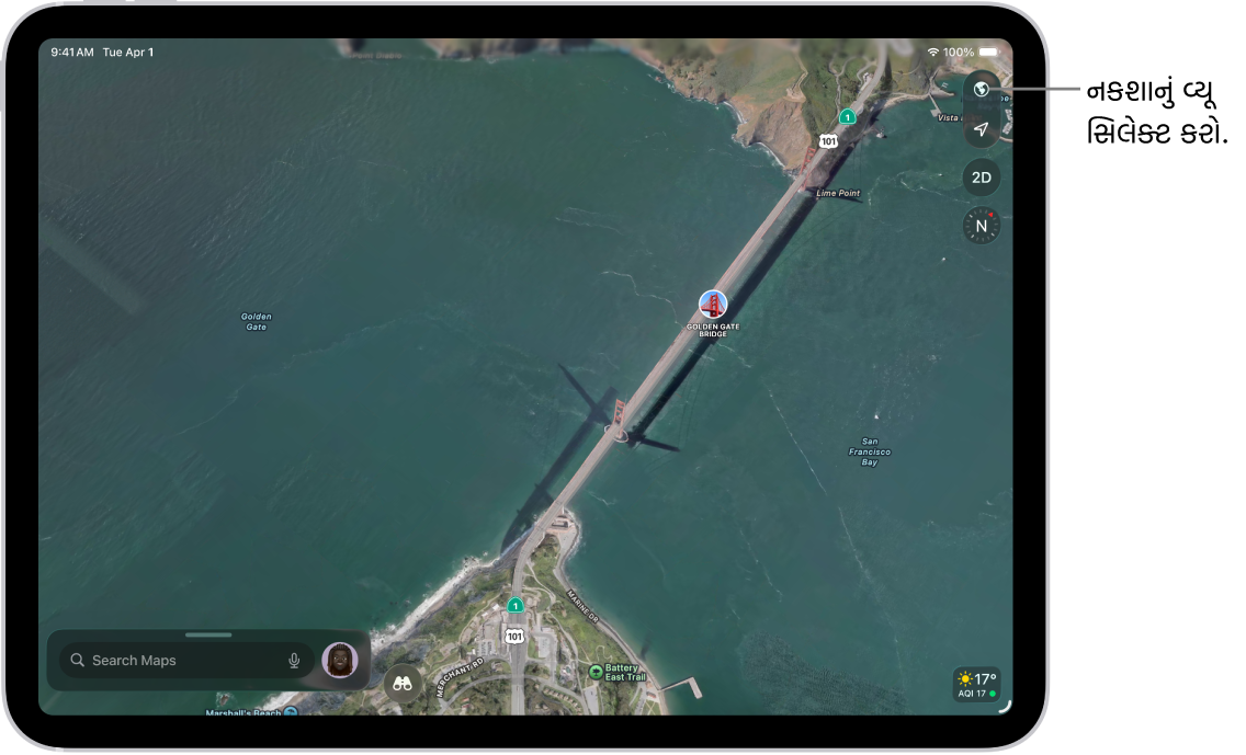 વૃક્ષો, ધ્યાન ખેંચતા સ્થાનો અને ટ્રેલ અને વ્યૂપૉઇંટ જેવા લોકેશન દર્શાવતો સ્ટ્રીટ અને પાર્કનો નકશો.