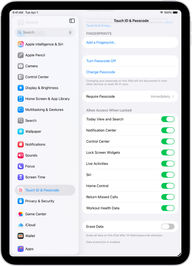 iPad લૉક હોય ત્યારે ચોક્કસ ફીચર ઍક્સેસ કરવાની અનુમતિ આપવાના વિકલ્પ સાથે Face ID & પાસકોડ સેટિંગ્સ.