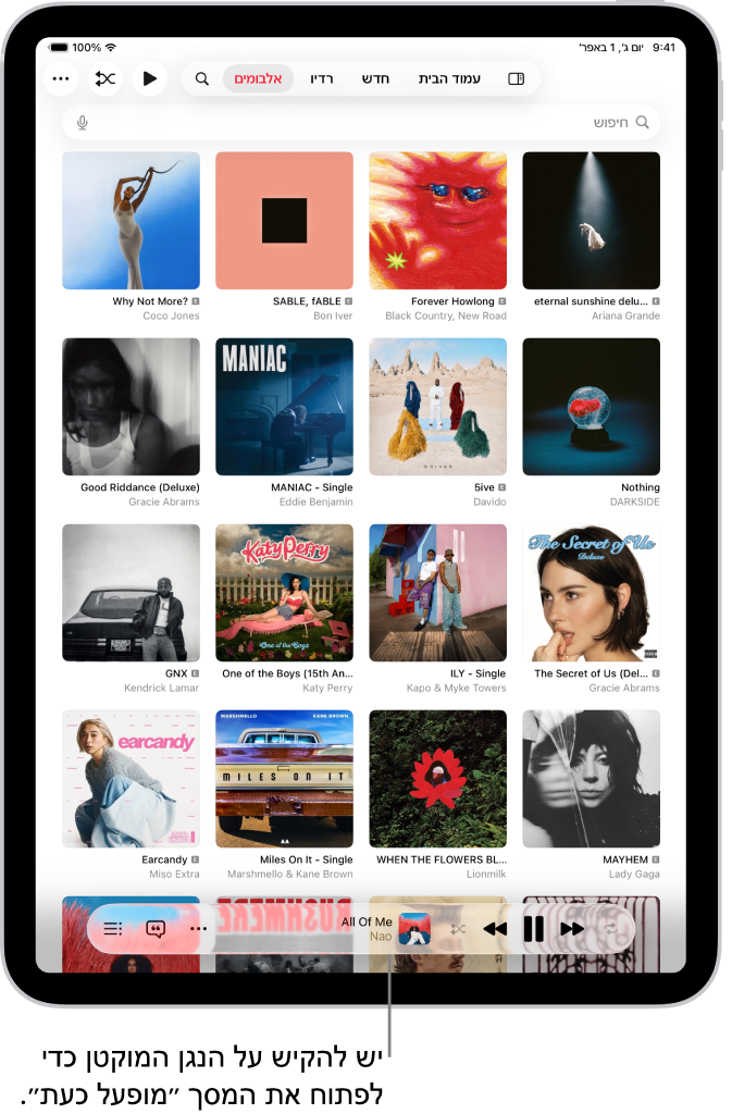 הכרטיסייה  אלבומים״ מראה את ״הנגן המוקטן״ ליד החלק התחתון. הנגן המוקטן מציג את שן השיר שמפעל כרגע.