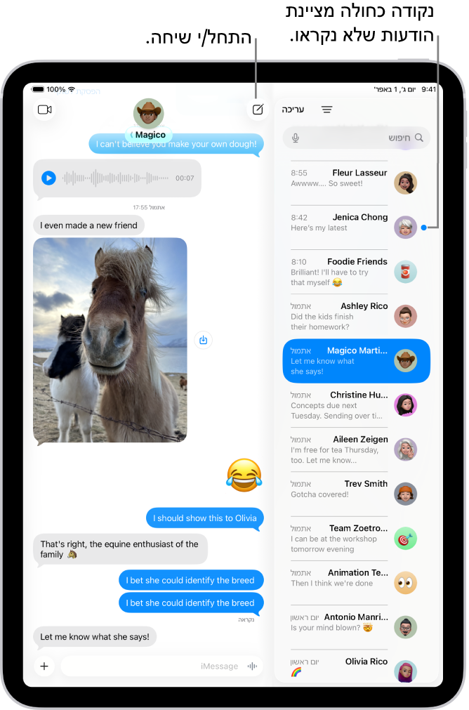 רשימת שיחות ב״הודעות״ מימין, ותמלול של שיחה משמאל. הודעה שלא נקראה מסומנת באמצעות נקודה כחולה.