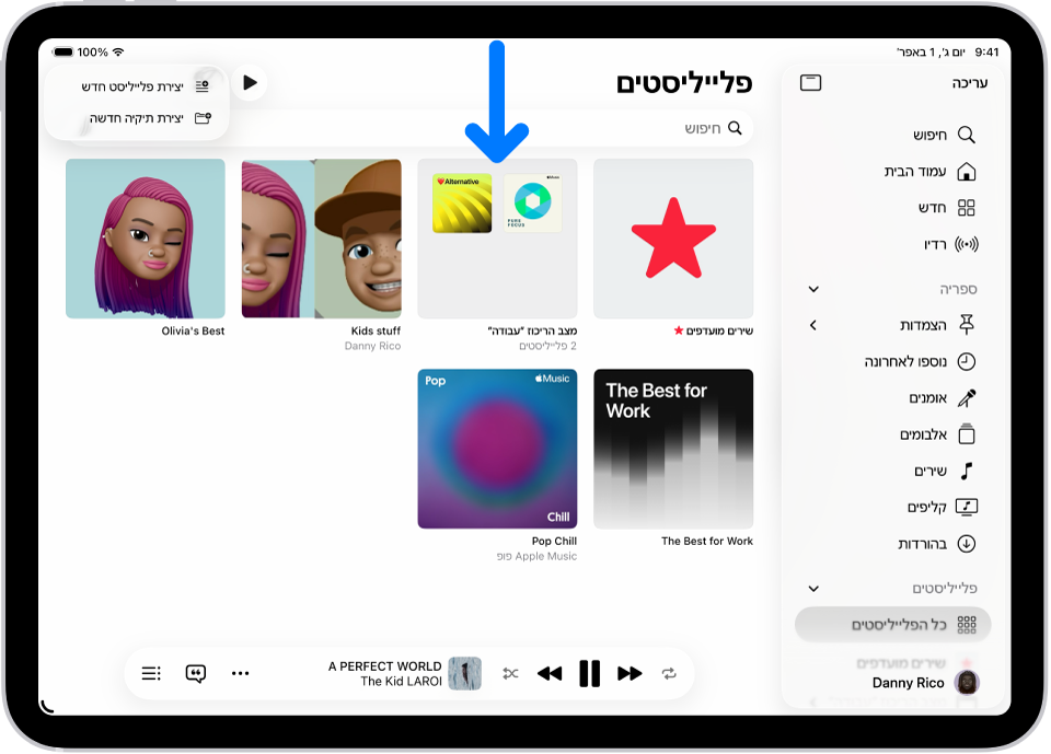 היישום ״מוזיקה״ פתוח ב-iPad עם סרגל הצד מצד ימין ורשימת הפלייליסטים בצד שמאל. בחלק העליון של המסך מופיעים כפתורים ליצירת פלייליסט חדש או תיקיה חדשה. חץ כחול מצביע אל תיקיית פלייליסטים בשם מצב ריכוז ״עבודה״.