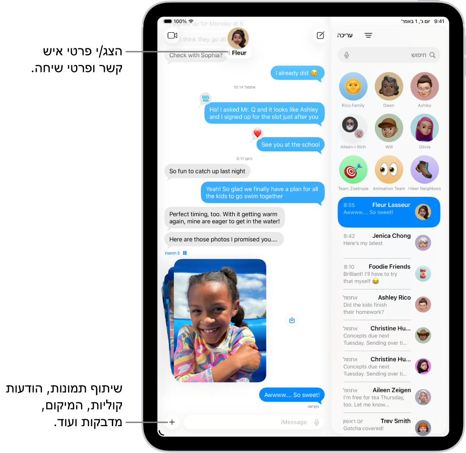 רשימת שיחות ב״הודעות״ מימין, ותמלול של שיחה משמאל. למעלה מתבצעת הקשה על אייקון איש הקשר ופרטי השיחה נפתחים.