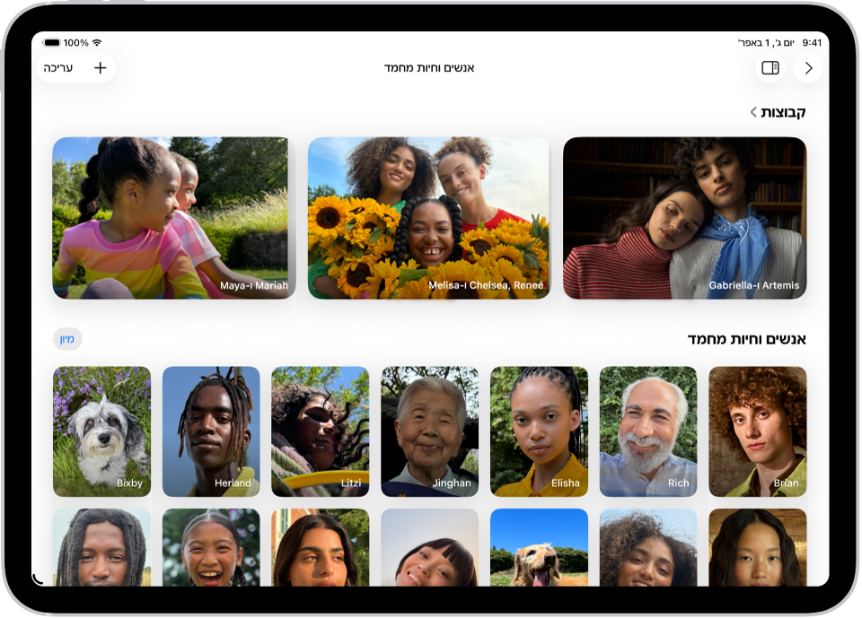 מסך ״אנשים וחיות מחמד״ ביישום ״תמונות״. בחלק העליון של המסך מופעה שורה של קבוצות, עם אנשים וחיות מחמד בודדים מתחתיה.