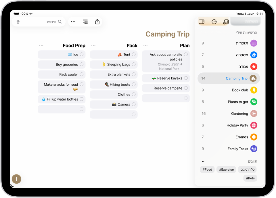 היישום ״תזכורות״, עם רשימה לקראת קמפינג שהקטגוריות שלה מסודרות בעמודות.