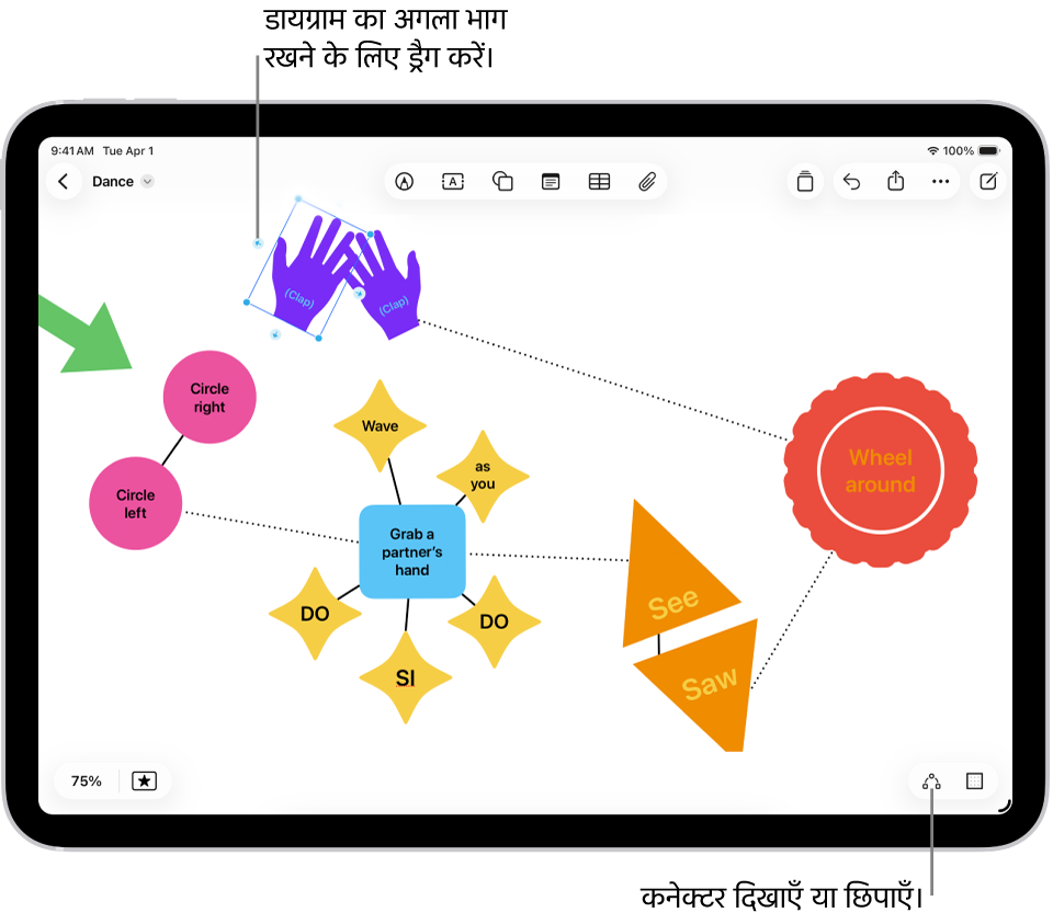 Freeform बोर्ड पर डायग्राम जिसमें चुनी हुई आकृति पर कनेक्टर दिखाई दे रहे हैं।