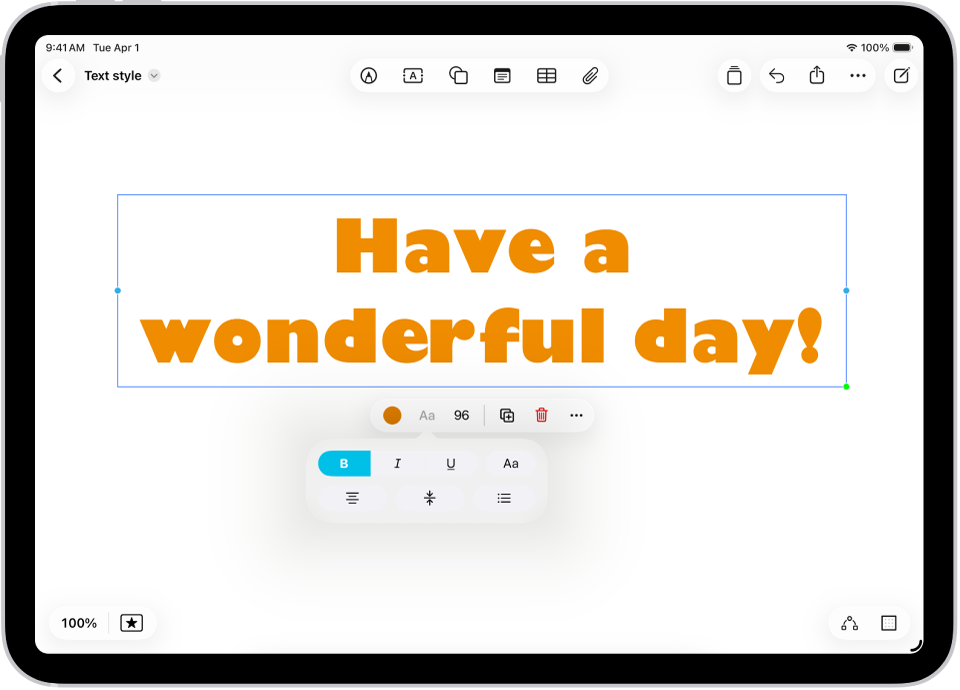कोई Freeform बोर्ड, जिसमें चयनित टेक्स्ट बॉक्स और उसके नीचे टेक्स्ट फ़ॉर्मैटिंग टूल दिखाया गया है।