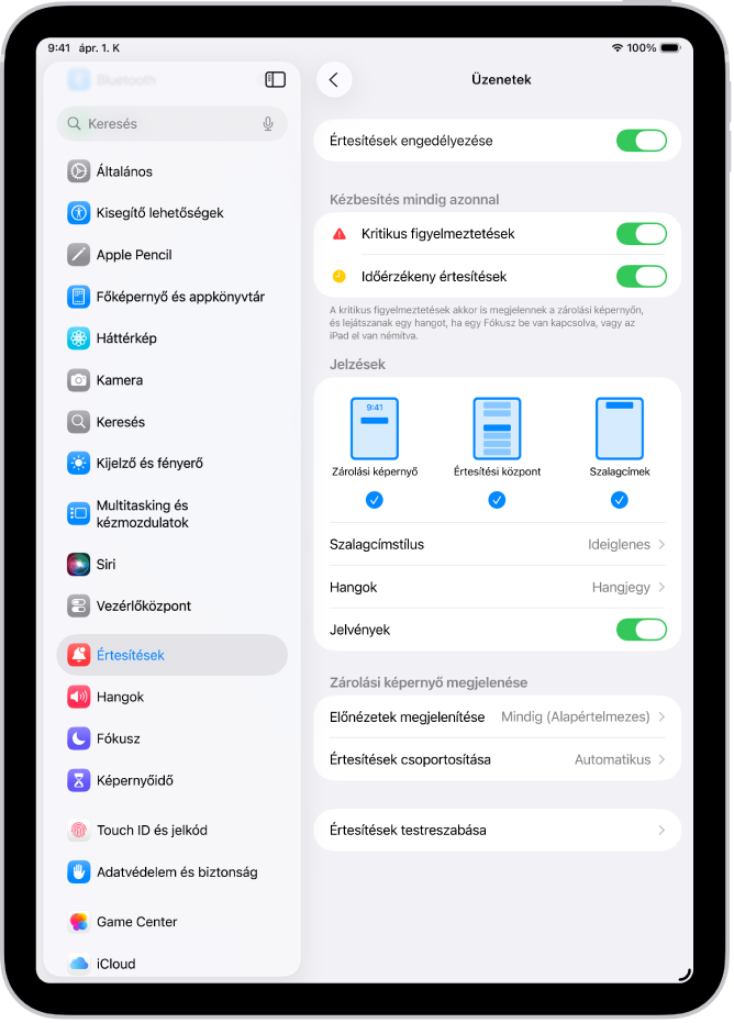 Az Üzenetek értesítéseinek beállításai a Beállításokban
