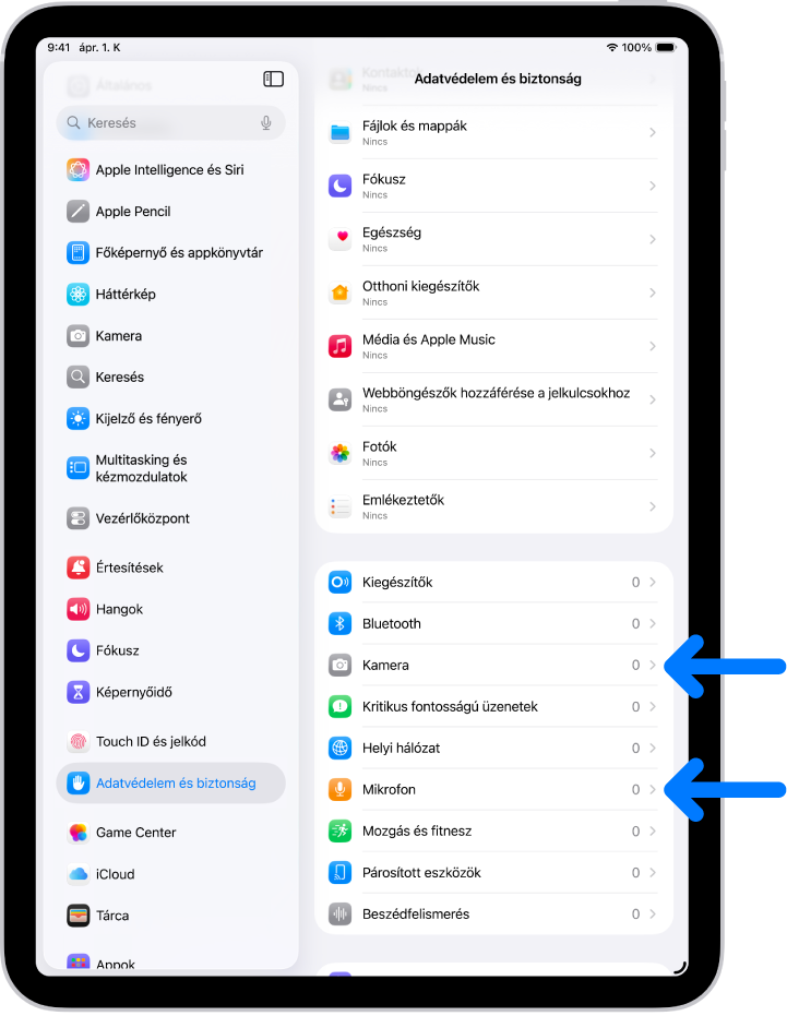 Az Adatvédelem és biztonság képernyő különféle beállításokkal, amelyekkel megadhatja, hogy az appok használhatják-e a kamerát, a mikrofont és az iPad egyéb összetevőit.