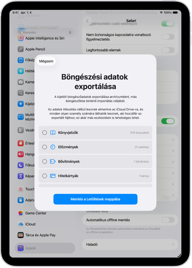 A Böngészési adatok exportálása képernyő, ahol a Jelszavak opció be van jelölve egy másik jelszókezelőbe történő exportáláshoz.