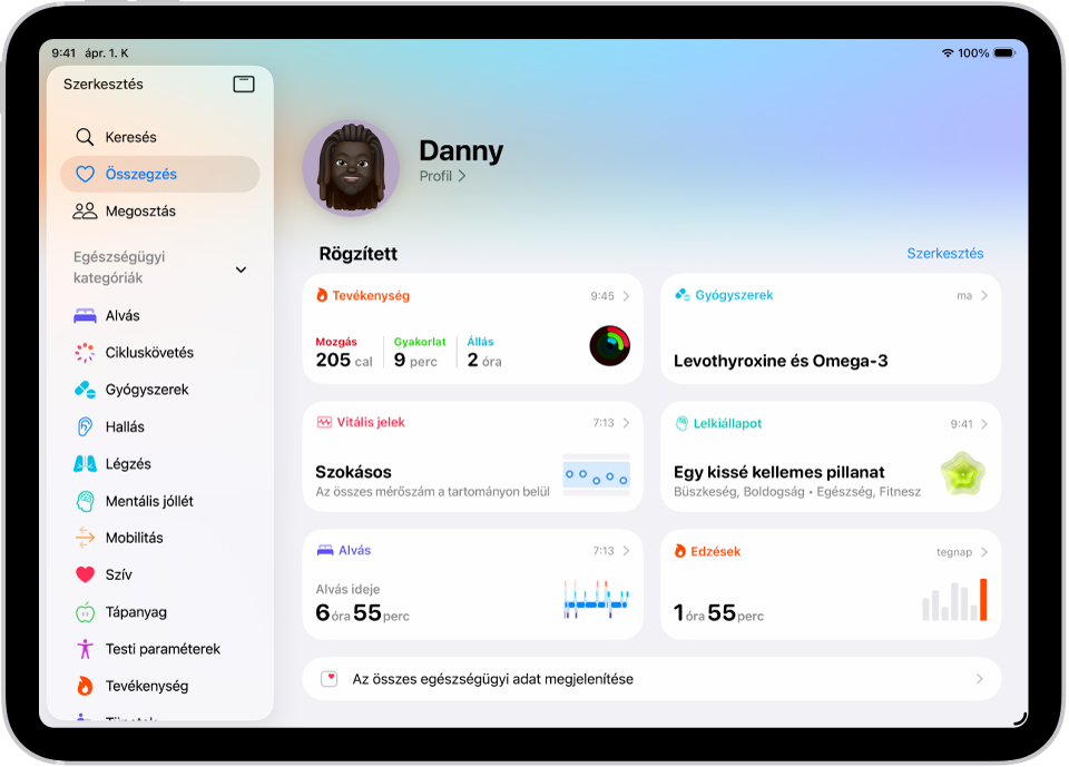 Az Egészség app Összesítés képernyője. A Rögzített szakaszban információk jelennek meg a tevékenységekről, a gyógyszerekről, a vitális értékekről, a lelkiállapotról, az alvásról, a pulzusszámról és az edzésekről.