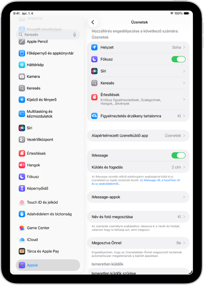 Az Üzenetek panelen be van kapcsolva az iMessage.