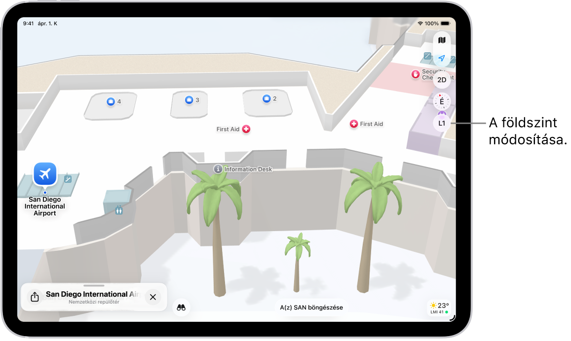 Beltéri térkép egy repülőtéri terminálról. A térképen egy kapu, mosdó, biztonsági ellenőrzőpont és elsősegélynyújtó hely látható. Az L2 (2. szint) gombbal módosíthatja a többszintes épületekben a szintet.