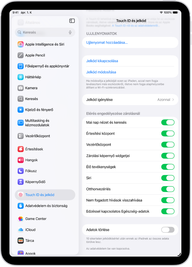 A Face ID és jelkód beállításai olyan opciókkal, amelyek lehetővé teszik bizonyos funkciók elérését, amikor az iPad zárolva van.