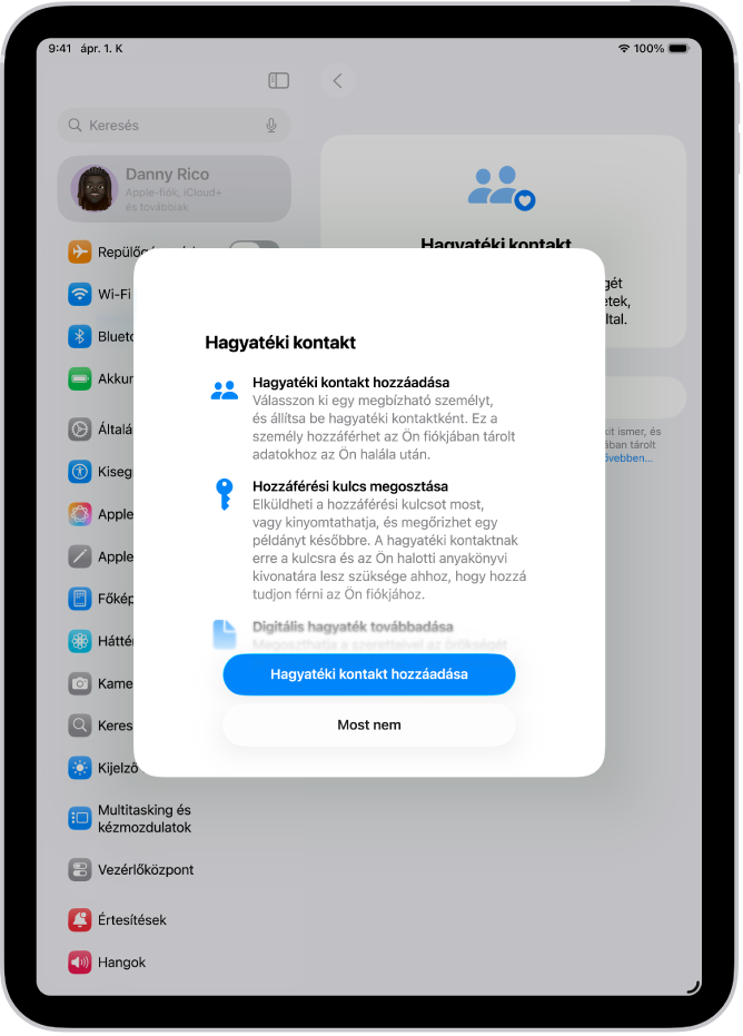 A Hagyatéki kontaktok képernyő a funkcióra vonatkozó információkkal. A Hagyatéki kontakt hozzáadása gomb az alsó részen található.