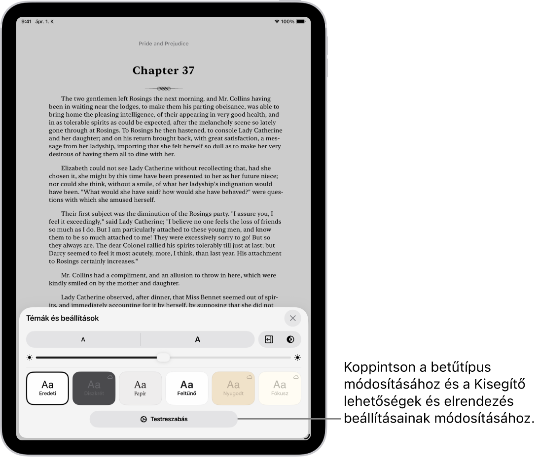 Egy könyv oldala a Könyvek appban. A Témák & beállítások lehetőségei különféle vezérlőkkel, amelyek a betűmérethez, a görgetési nézethez, az oldallapozás stílusához, a fényerőhöz és a betűtípusstílusokhoz használhatók.