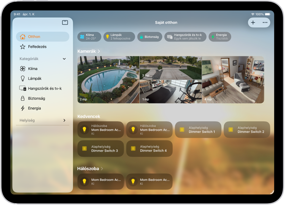 Az Otthon app, amelynek bal oldalán az oldalsáv látható, a bal felső részén pedig az Otthon, az Automatizálás és a Felfedezés lap. Alattuk a kategóriák és az otthon helyiségei jelennek meg. Az oldalsáv jobb oldalán felül az Interkom, a Hozzáadás és a További beállítások gomb található. A kategóriák gombjai a képernyő tetején láthatók. Alattuk a szcenáriók, a kamerák képei és egy helyiség kiegészítői jelennek meg.