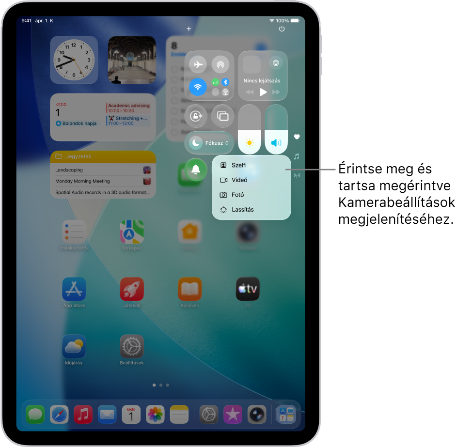 A képernyőn a Kamera által kínált további funkciók láthatók, amelyek a Vezérlőközpontban érhetők el, ha megérintve tartja a Kamera vezérlőt. A választható funkciók a következők: Szelfi, Videó, Fotó és Lassítás.