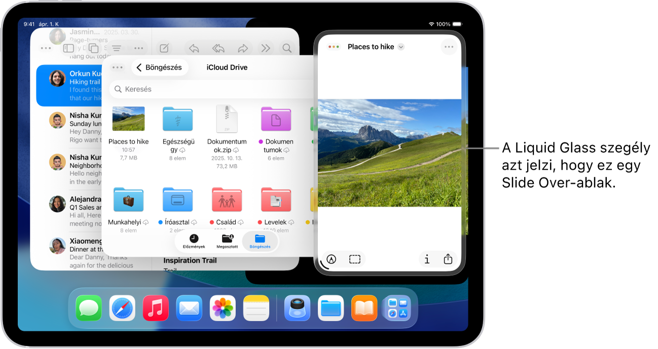 Három alkalmazásablak nyílik meg a képernyőn, amelyek közül az egyik egy Slide Over-ablak, amint azt a Liquid Glass keret jelzi.