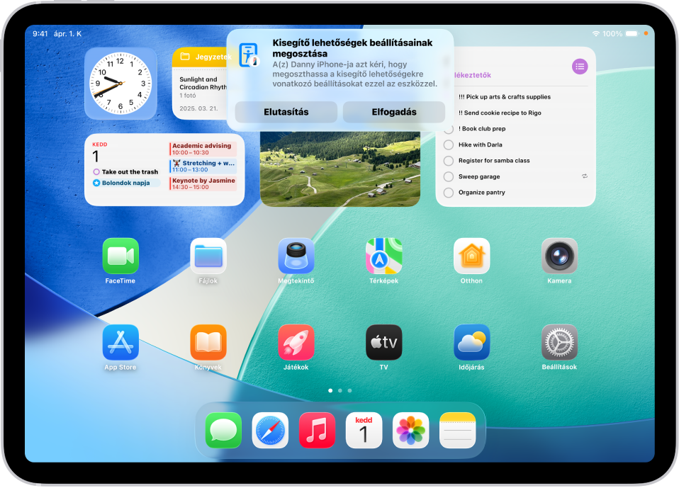 Egy iPad, amelyen egy értesítés látható arról, hogy Dániel iPhone-ja a kisegítő lehetőségek beállításainak megosztását kérelmezi.