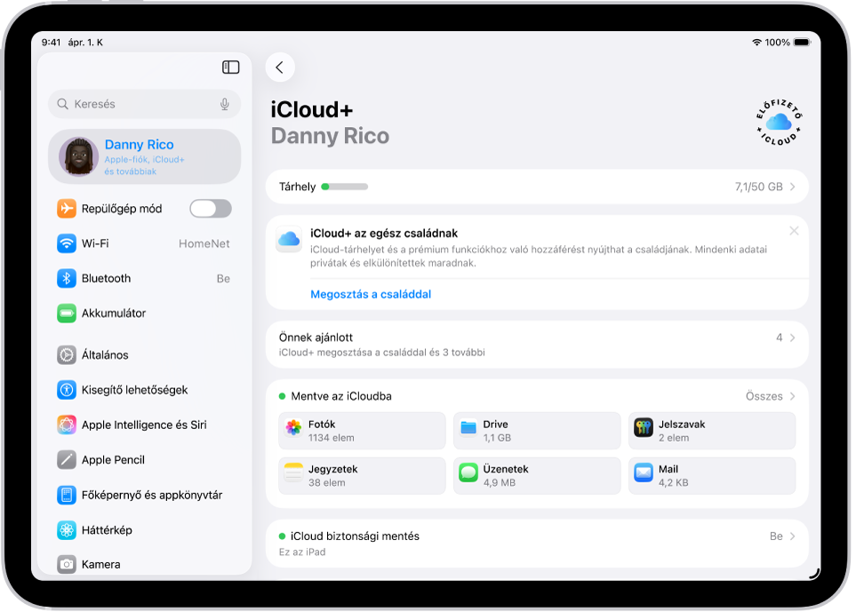 Az iCloud-beállítások képernyője, amelyen a tárhely foglaltságmérője, valamint az iClouddal használható szolgáltatások listája látható (pl. a Fotók, az iCloud Drive és az iCloud biztonsági mentés).