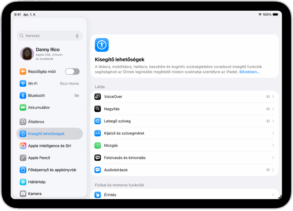 A Beállítások képernyője különféle kisegítő lehetőségekkel, például a VoiceOverrel, az Audioleírásokkal és a Kapcsolóvezérléssel.