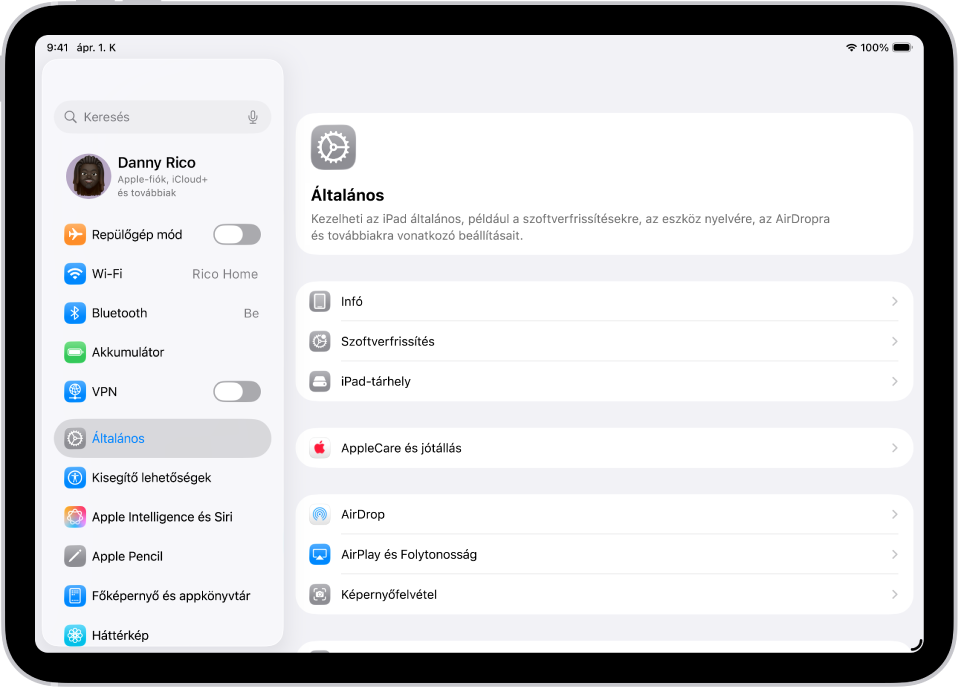 Az iPad Főképernyője számos különböző appikonnal, többek között a Beállítások ikonjával. A Beállítások ikonjára koppintva módosíthatja az iPad hangerejét, a képernyő fényerejét stb.