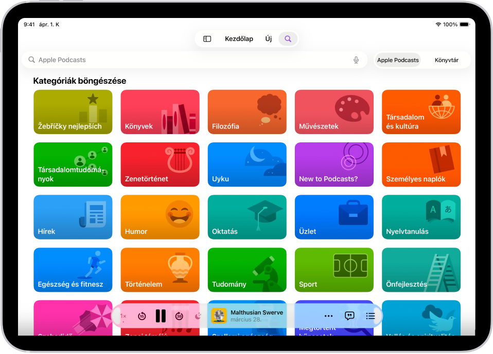 A Podcastok app Keresés képernyője, amelyen podcastkategóriák láthatók. A képernyő alján a Visszatekerés, a Szüneteltetés, a Léptetés előre és az Alvási időzítő gombok, az epizód albumborítója, az epizód címe, a Továbbiak gomb és az Átirat megtekintése gomb látható.