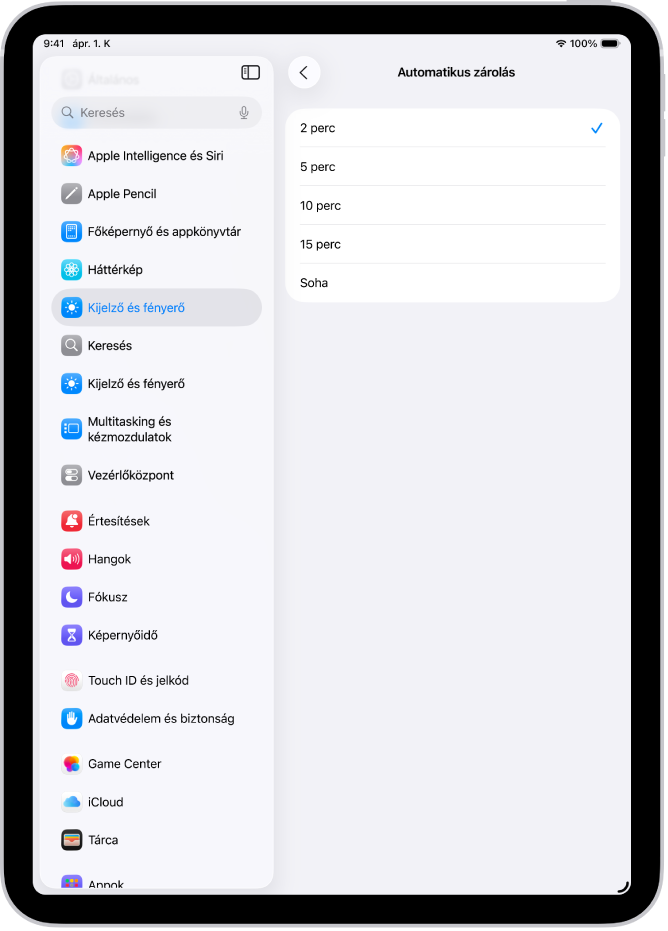 A Kijelző automatikus zárolása képernyő az iPad automatikus zárolására vonatkozó időtartam beállításaival.