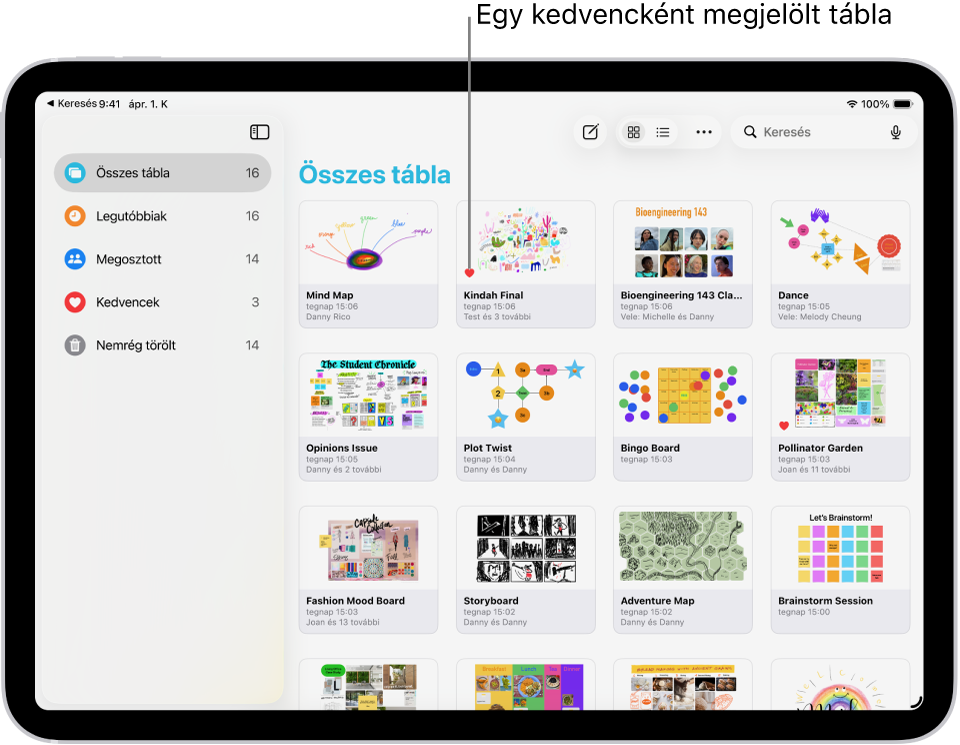 Egy iPaden a Freeform app van megnyitva. Az oldalsávon az Összes tábla lehetőség van kiválasztva, és a jobb oldalon megjelennek a táblák bélyegképei.