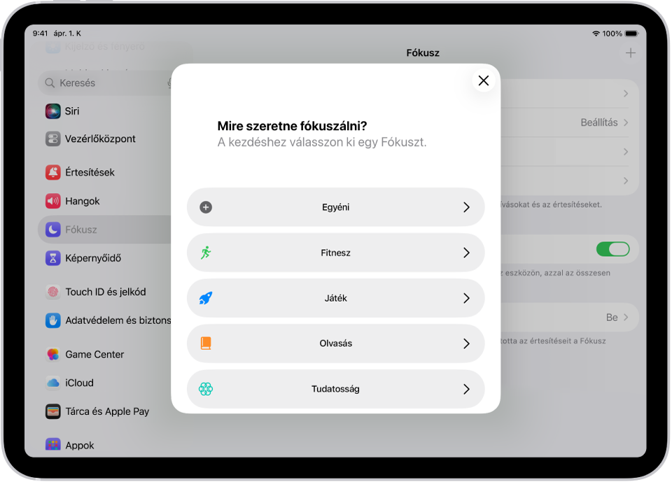 Egy Fókusz beállítási képernyője a további Fókusz-lehetőségekkel, többek között az Egyéni, a Fitnesz, a Játék, a Tudatosság és az Olvasás opcióval.