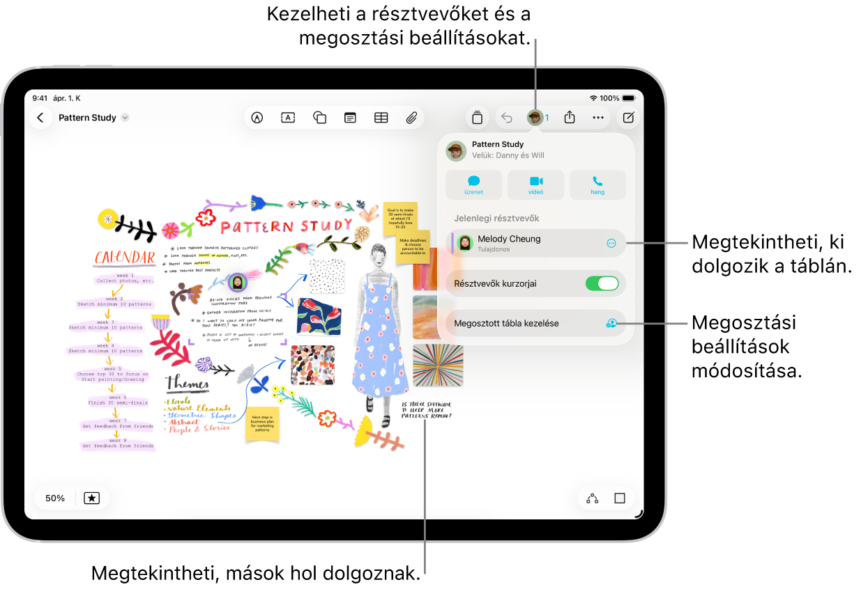 Megosztott Freeform-tábla egy iPaden az együttműködési menüvel és egy hellyel, amelyet a tábla többi résztvevője színes pipákkal jelölt meg.