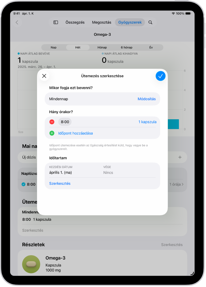 A Gyógyszerek képernyő az Egészség appban különféle opciókkal, amelyek lehetővé teszik a gyógyszerszedés ütemezésének módosítását.