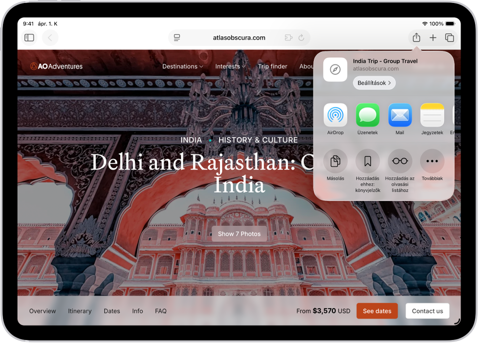 Egy megnyitott weboldal. A felhasználó rákoppintott a Megosztás gombra, amelyet követően megjelent az AirDrop, az Üzenet, a Mail, a Jegyzetek, a Másolás, a Hozzáadás a könyvjelzőkhöz, a Hozzáadás az Olvasási listához stb. beállítás.
