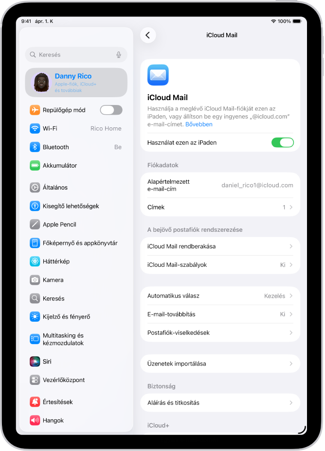A Beállítások appban az iCloud Mail képernyő van megnyitva. A menü alján az Egyéni e-mail-domén opció látható.