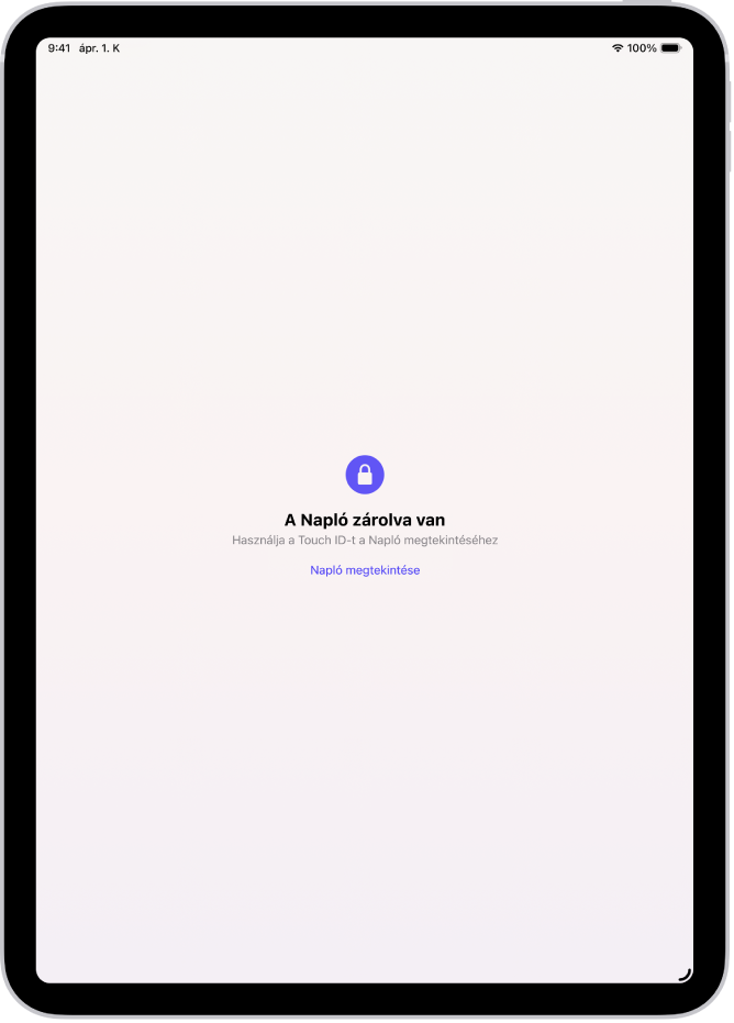 A Napló app egy képernyője, amely jelzi a felhasználó számára, hogy a napló zárolásának feloldásához a Touch ID‑t kell használnia.