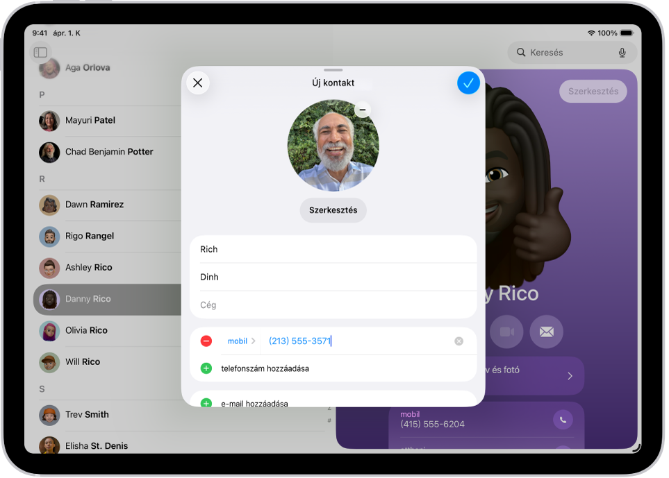 Az Új kontakt ablak a Kontaktok appban.