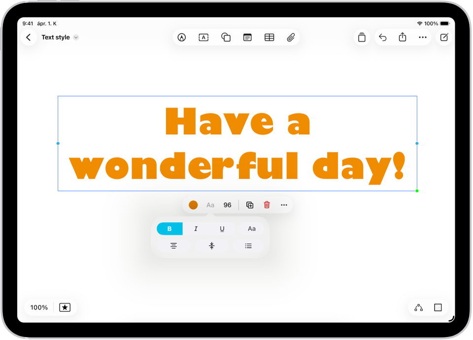 Egy Freeform-táblán egy kiválasztott szövegmező és az alatta található szövegformázási eszközök jelennek meg.