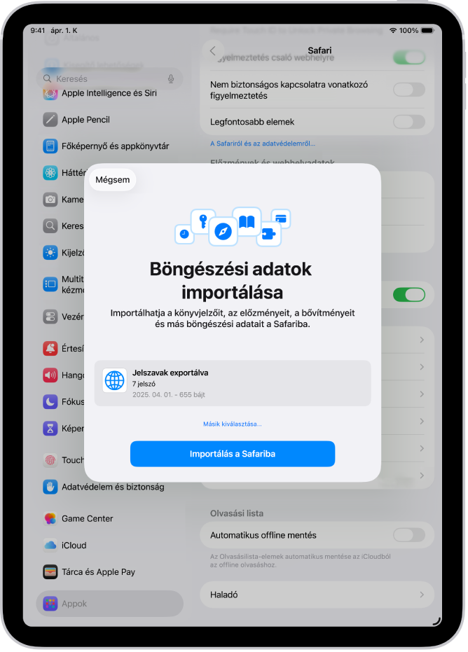 A Böngészési adatok importálása képernyő, amelyen az importálandó jelszavakat tartalmazó CSV-fájl látható egy másik jelszókezelőből.