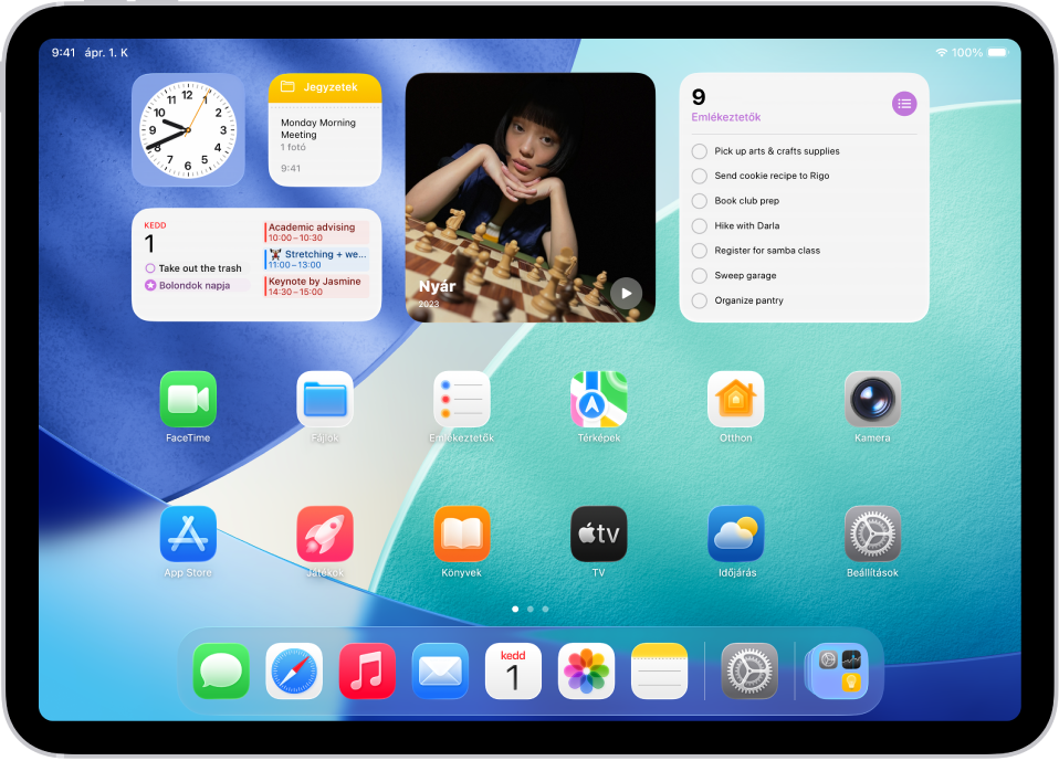Az iPad Főképernyője számos különböző appikonnal, többek között a Beállítások ikonjával. A Beállítások ikonjára koppintva módosíthatja az iPad hangerejét, a képernyő fényerejét stb.