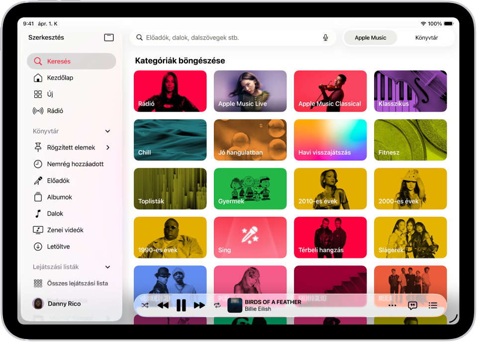 A Keresés lap. Balra az oldalsáv látható, a keresőmező pedig jobbra fent. A keresőmező alatt különféle zenei kategóriák jelennek meg. A minilejátszó a képernyő alján található.