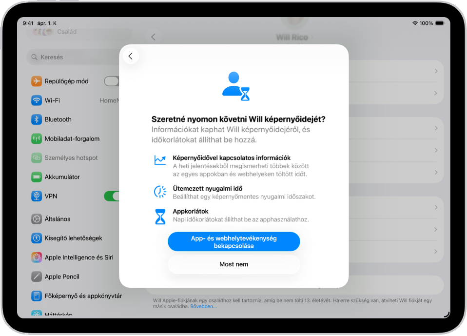 Egy Beállítások-képernyő egy, a Képernyőidő beállítását megjelenítő előugró ablakkal.