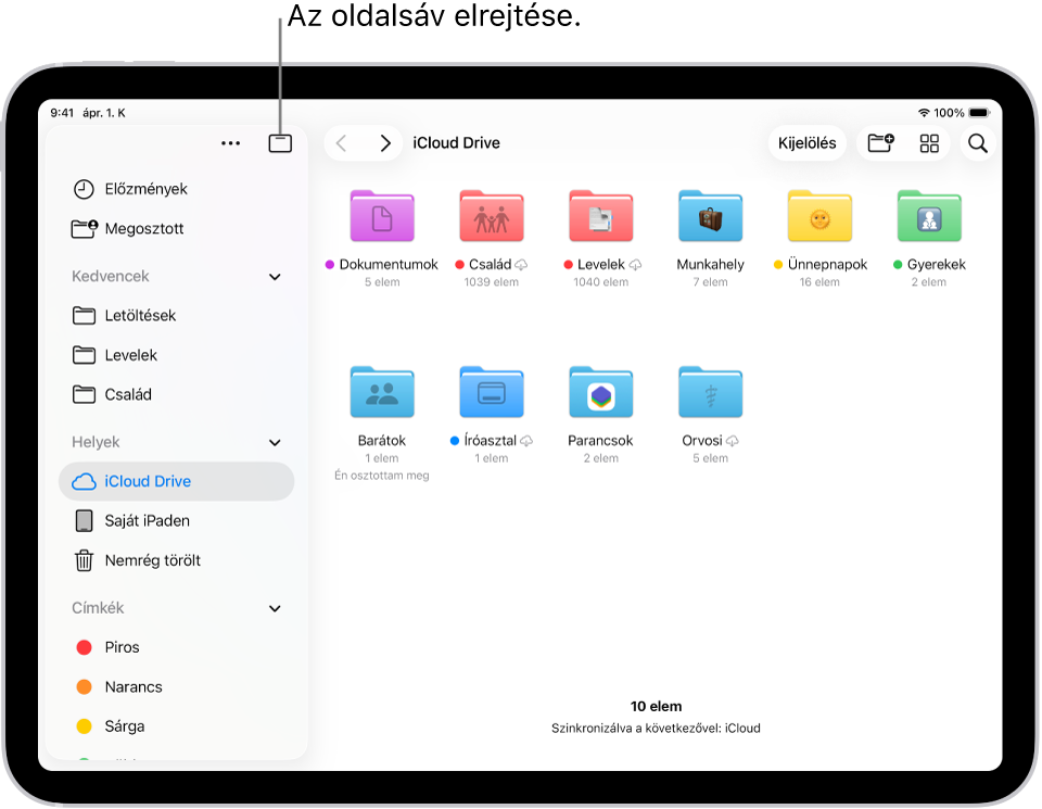 A Fájlok app az iCloud Drive-ban lévő fájlokkal és mappákkal. A képernyő tetején gombok találhatók, amelyekkel kijelölhet elemeket, új mappát hozhat létre, módosíthatja a nézetet (Lista, Ikonok, Oszlopok), és keresést végezhet.