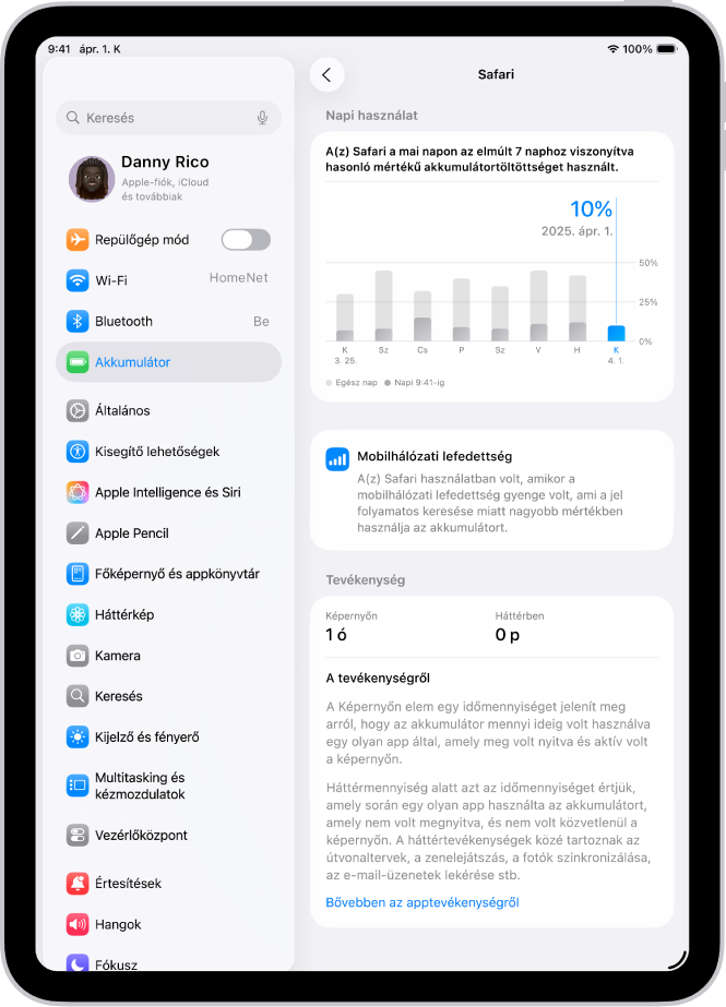 Az Akkumulátor képernyő az iPad Beállítások appjában, a Safari app részletes akkumulátorhasználatával: A képernyőn látható a napi használat grafikonja, egy arra vonatkozó jegyzettel, hogy a mobilhálózati lefedettség hogyan befolyásolta az akkumulátor élettartamát, valamint az app Képernyőn és Háttérben folytatott tevékenységi idejének a lebontása.