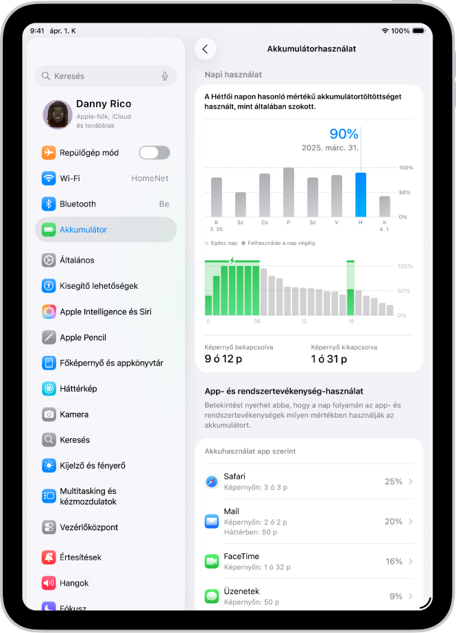Az iPad Beállítások appjában található Akkumulátorhasználat képernyő. Két grafikon látható: az egyik a napi használatot mutatja be az elmúlt hét során, míg a másik az akkumulátorszintet jeleníti meg a kijelölt nap során. Alább az appok listája található az általuk felhasznált akkumulátor-teljesítmény százalékos mértékével és a tevékenységi idővel.
