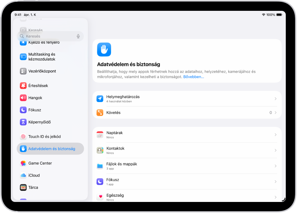 A Beállítások képernyője az Adatvédelem és biztonság beállításaival, például a Helymeghatározással és a Követéssel.