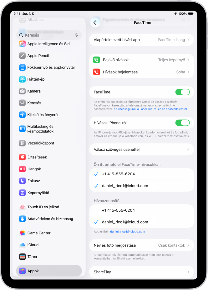 A FaceTime-beállítások képernyője az Alapértelmezett hívási app beállítással, egy vezérlővel, amely a FaceTime be- és kikapcsolására szolgál, valamint egy Apple-fiókkal, amely a FaceTime-hoz van használva.