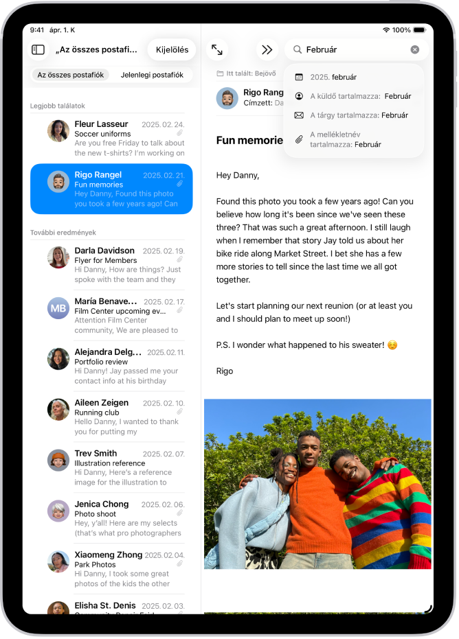 Egy üzenet van megnyitva a Mail appban, és a képernyő jobb felső részén keresési kifejezések vannak begépelve.