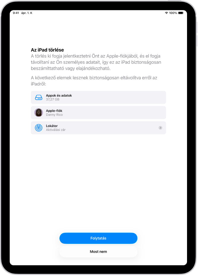 Az iPad törlése képernyő.
