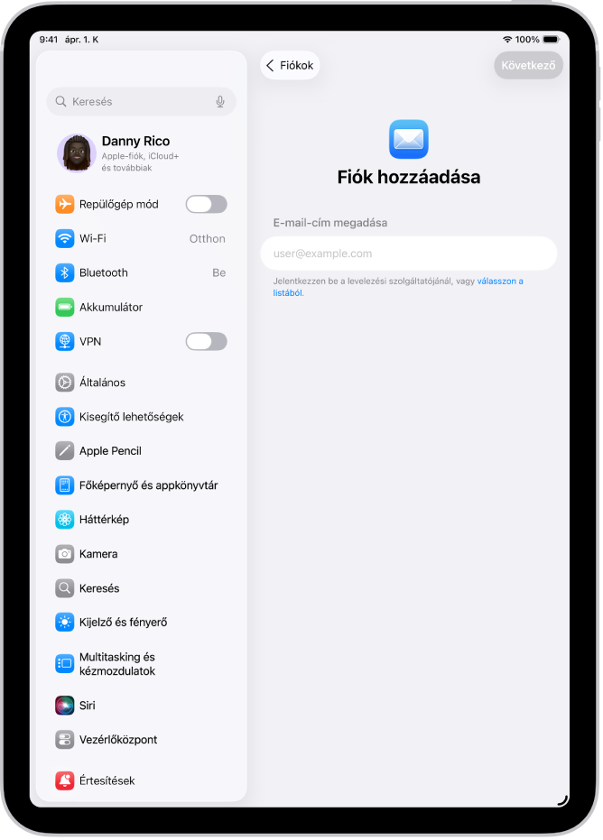 A Fiók hozzáadása képernyő az e-mail-cím megadására szolgáló mezővel.